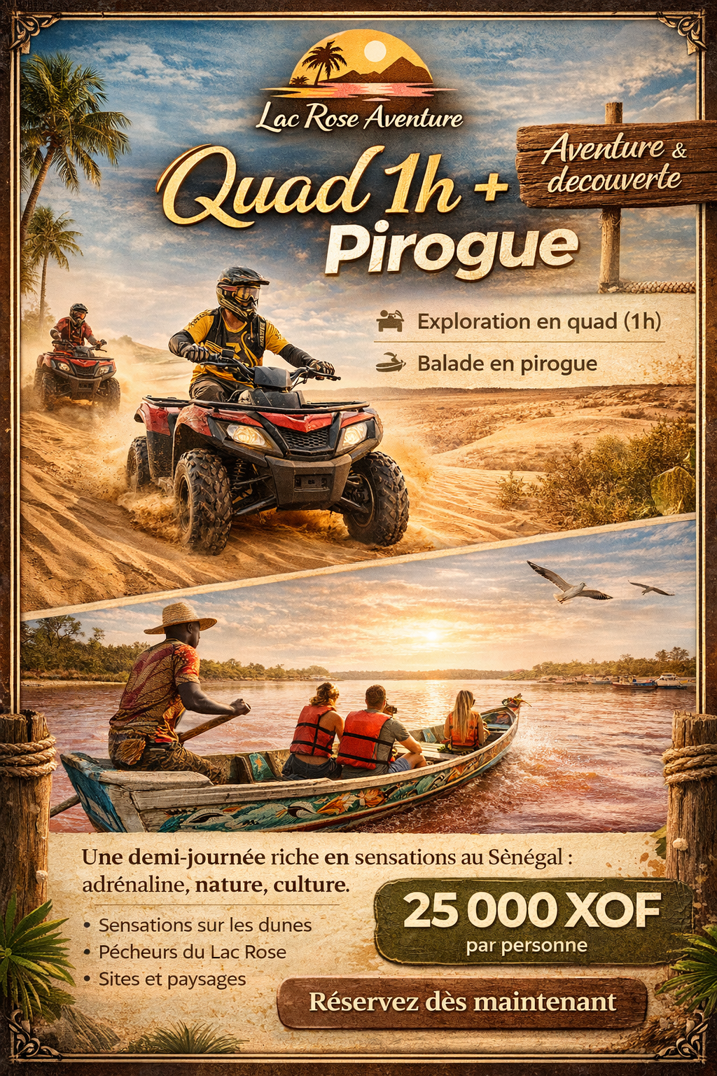 Affiche de l’offre Quad 1h plus pirogue au Lac Rose avec balade en quad sur les dunes et promenade en pirogue