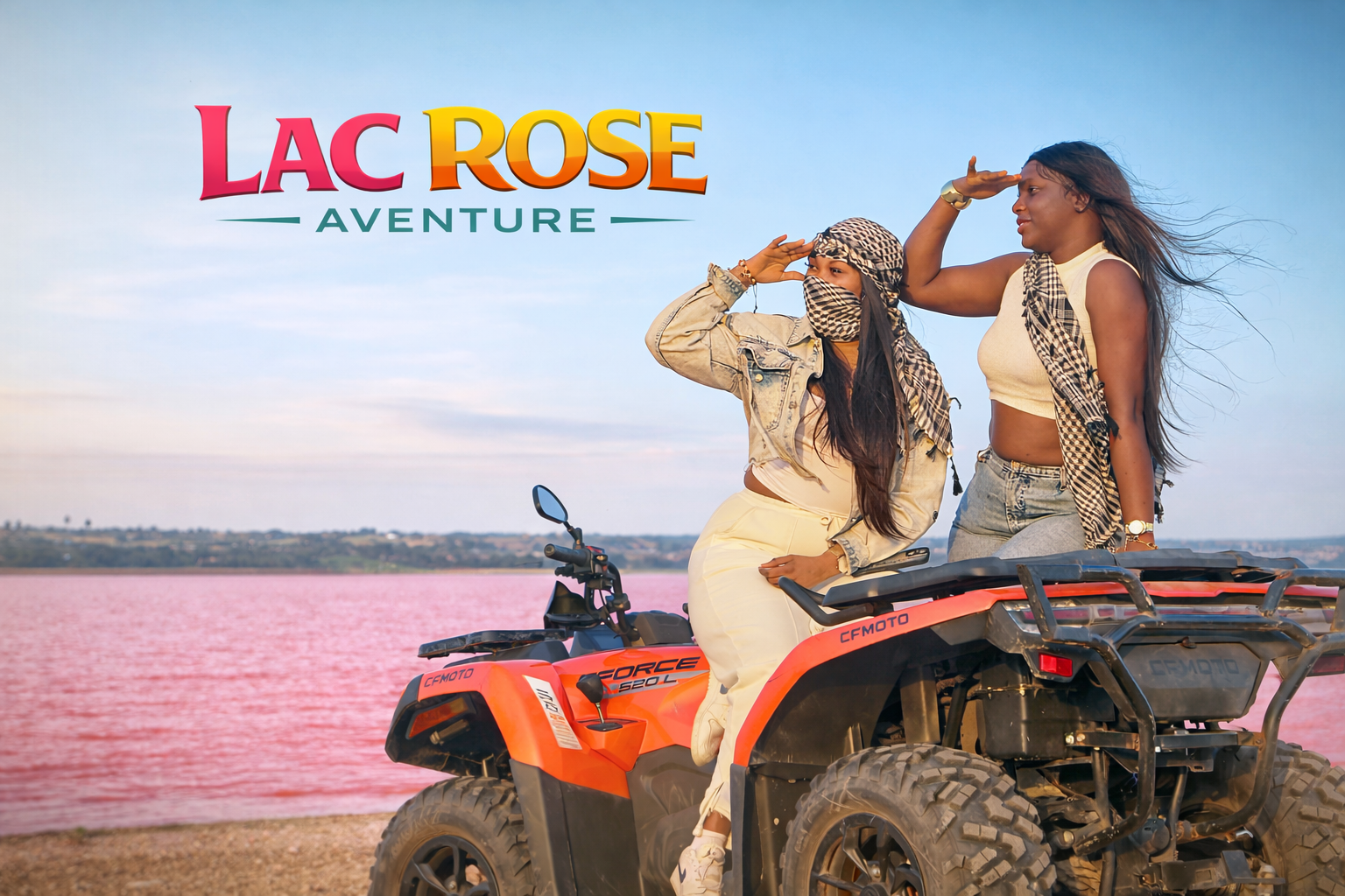 Two young women on a quad at Lac Rose for a complete duo experience with Lac Rose Aventure