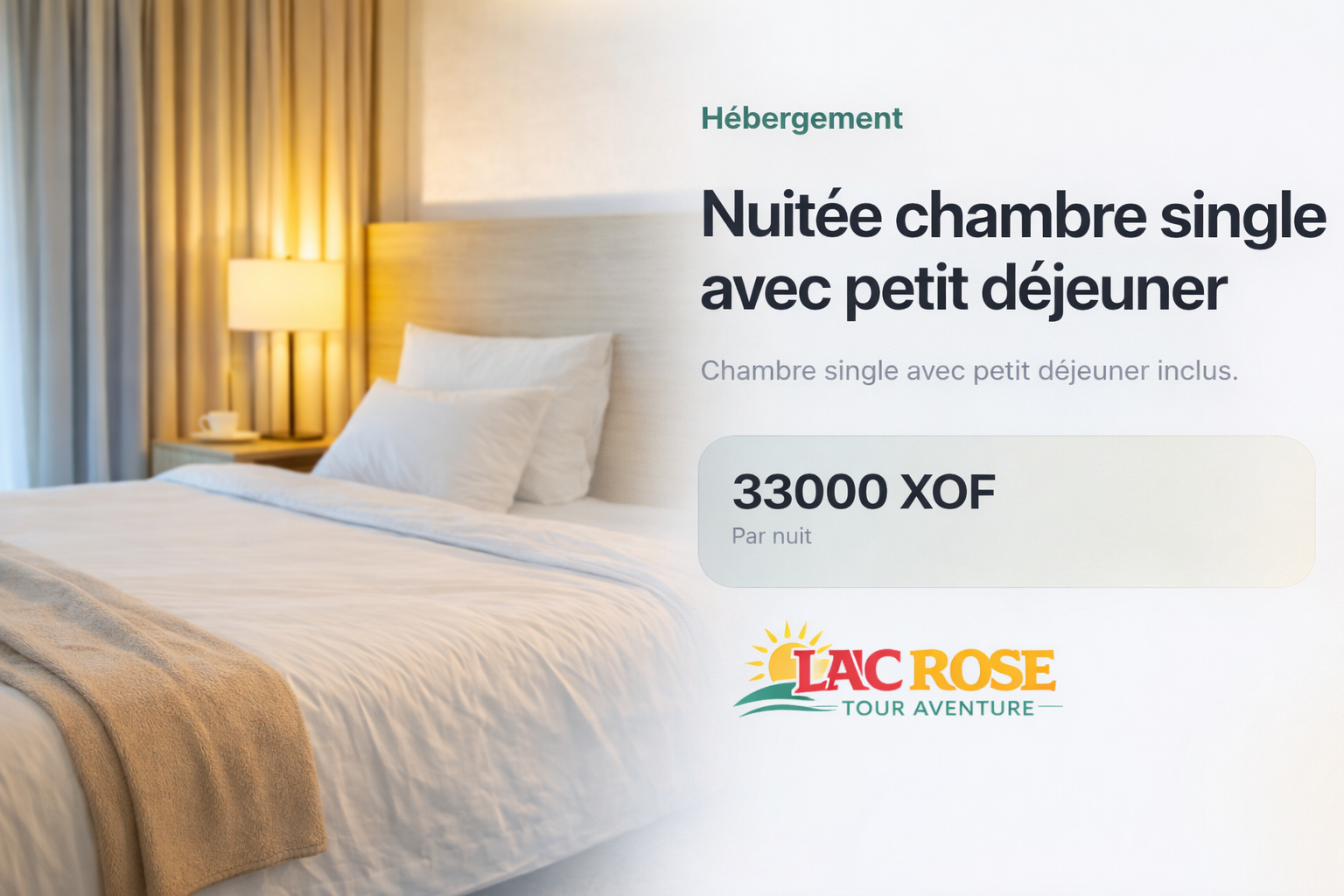 Nuitée chambre single avec petit déjeuner au lac rose