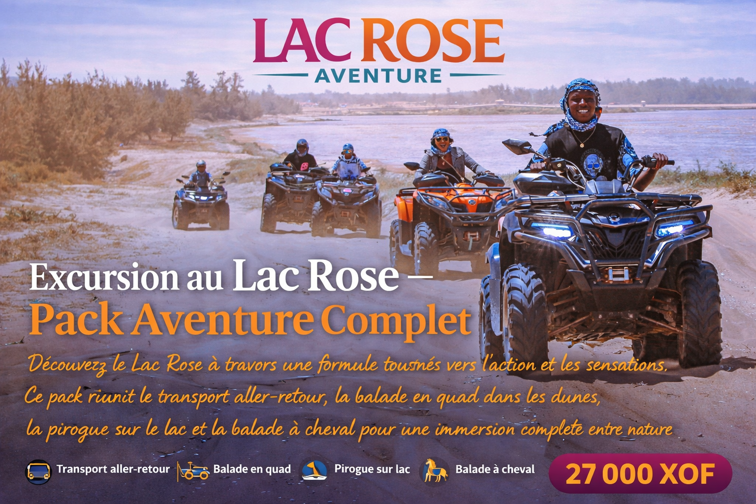 Excursion au Lac Rose au Sénégal avec pack aventure complet comprenant transport aller-retour, balade en quad dans les dunes, pirogue sur le lac et balade à cheval - Lac Rose Tour