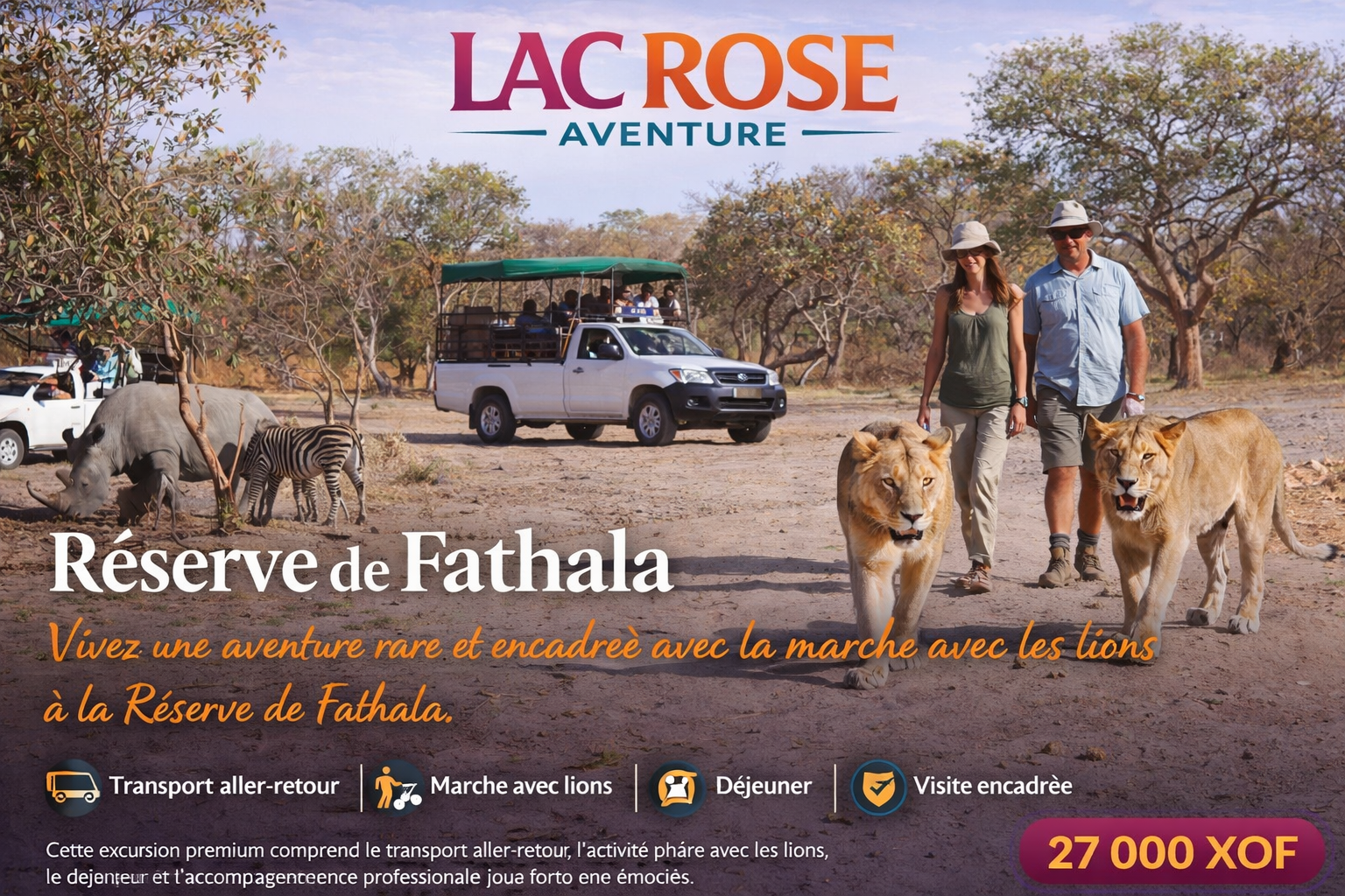 Excursion à la Réserve de Fathala au Sénégal avec safari, marche avec les lions, transport aller-retour, déjeuner et accompagnement professionnel - Lac Rose Tour Aventure