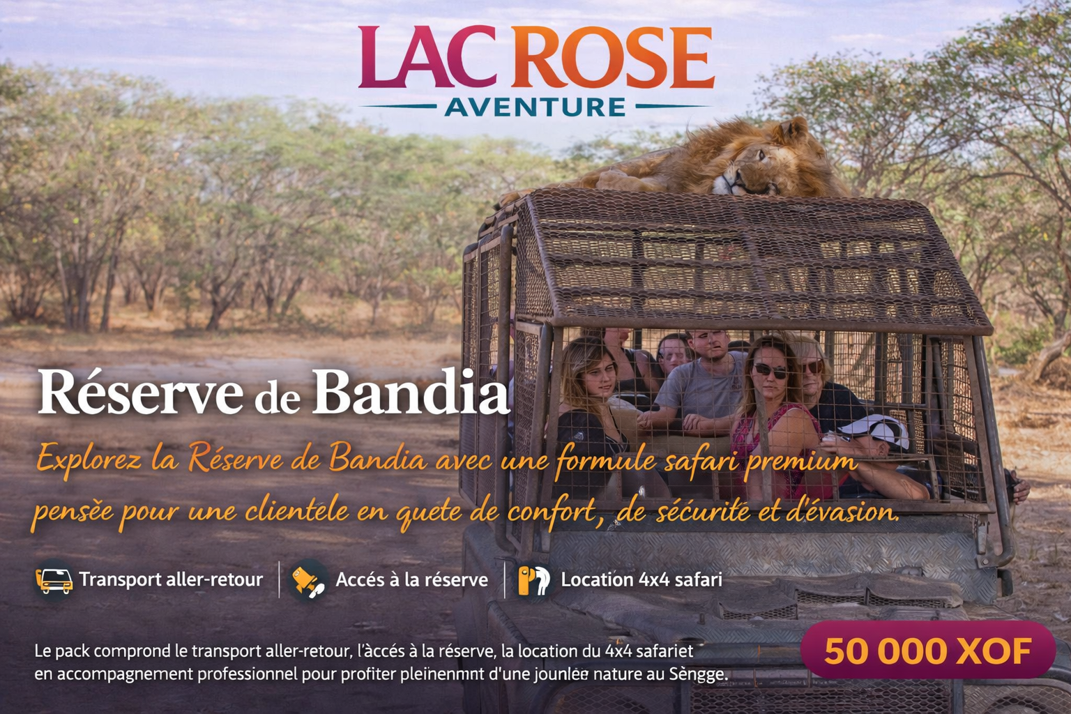 Excursion à la Réserve de Bandia au Sénégal avec safari en 4x4, transport aller-retour, accès à la réserve et accompagnement professionnel - Lac Rose Tour Aventure
