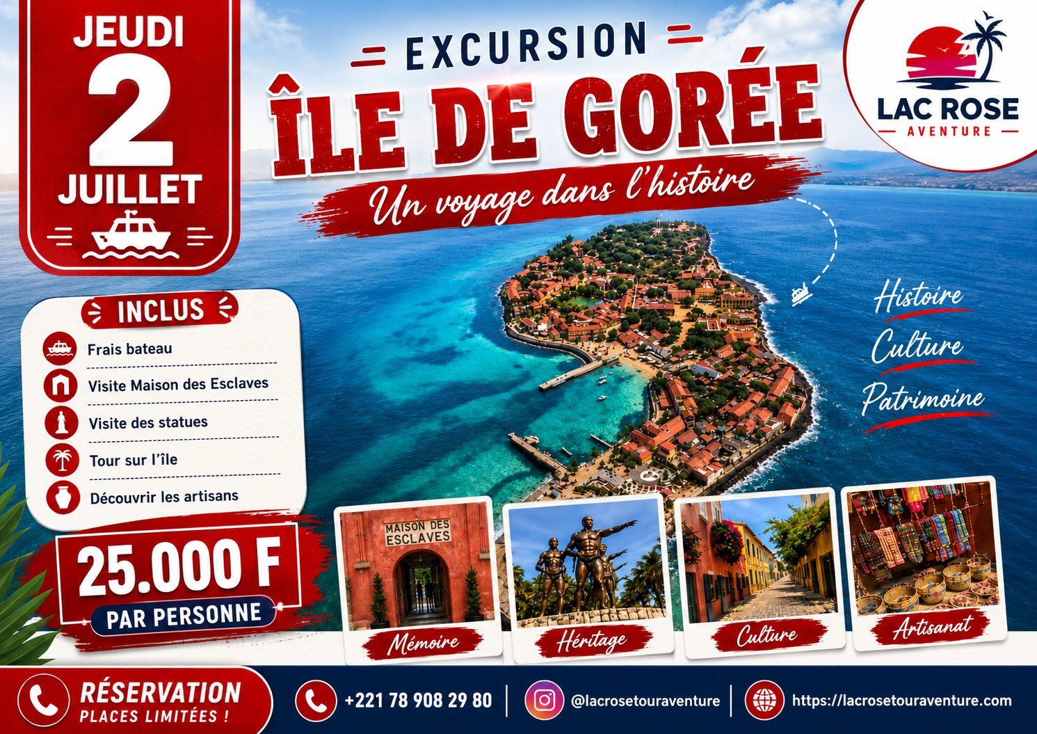 Excursion Île de Gorée et tour de ville à Dakar avec traversée maritime, visite guidée de Gorée, Maison des Esclaves et monuments emblématiques - Lac Rose Tour Aventure