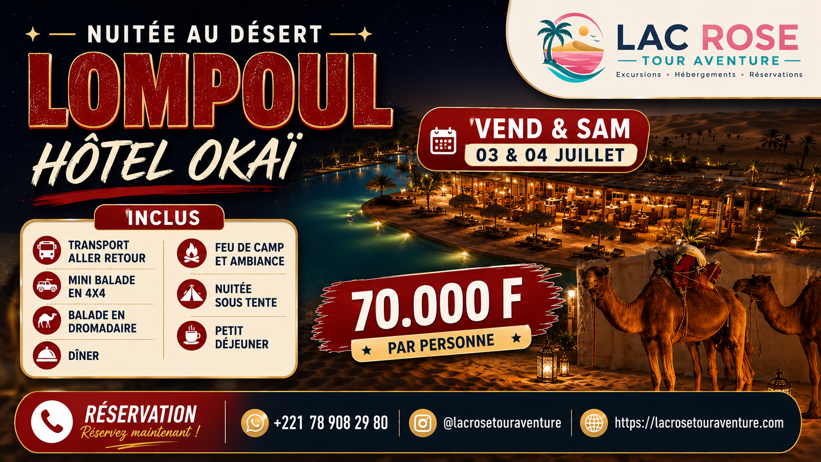 Paysage du désert de Lompoul au Sénégal avec ses dunes et tentes – expérience excursion unique avec Lac Rose Aventure