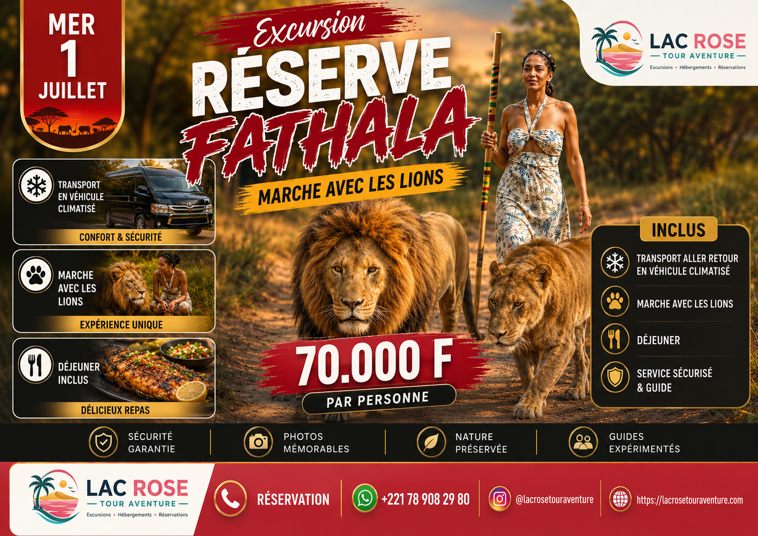Excursion à la Réserve de Fathala au Sénégal avec safari, marche avec les lions, transport aller-retour, déjeuner et accompagnement professionnel - Lac Rose Tour Aventure