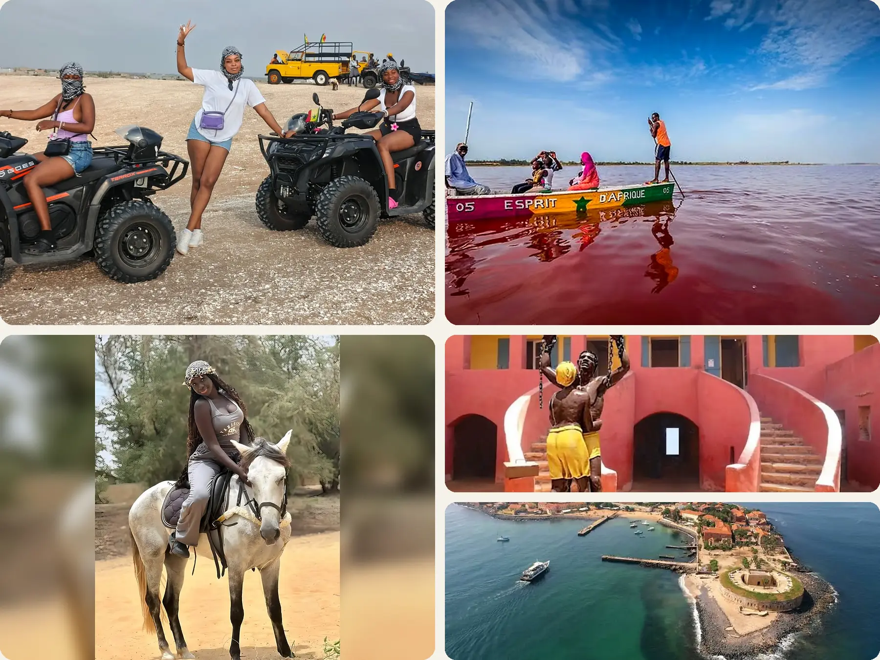 Affiche de l’excursion combinée Île de Gorée et Lac Rose avec visite historique, pirogue, quad et déjeuner au Sénégal
