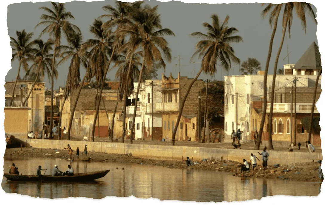 Quais de Saint-Louis bordés de palmiers avec une pirogue sur le fleuve Sénégal