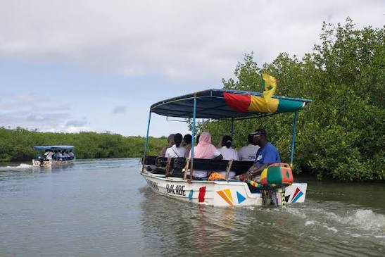 Pirogue colorée naviguant sur la lagune de Somone pendant une excursion au Sénégal