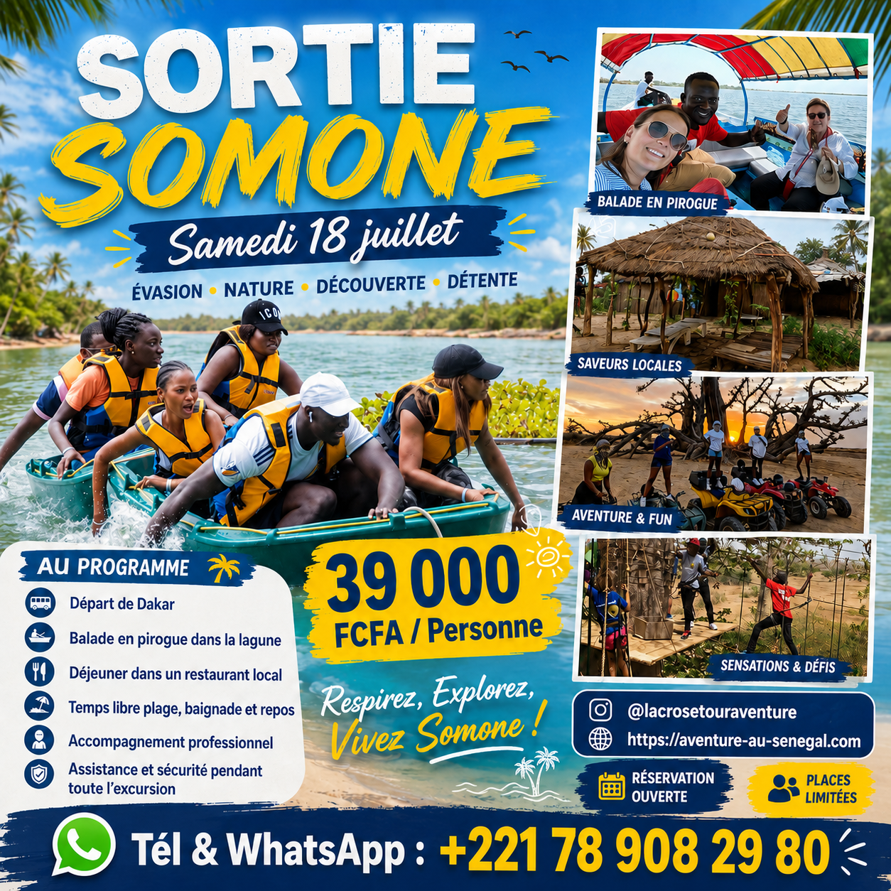 Affiche d'excursion aventure à Somone avec activités, découverte et expérience touristique au Sénégal