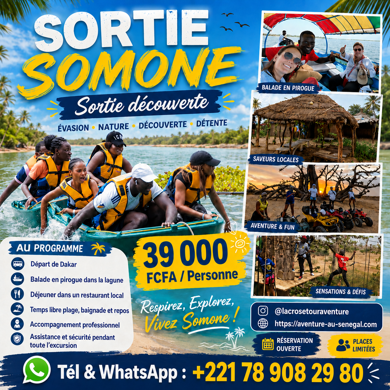 Affiche de sortie découverte à Somone avec lagune, pirogue, nature et activités touristiques au Sénégal