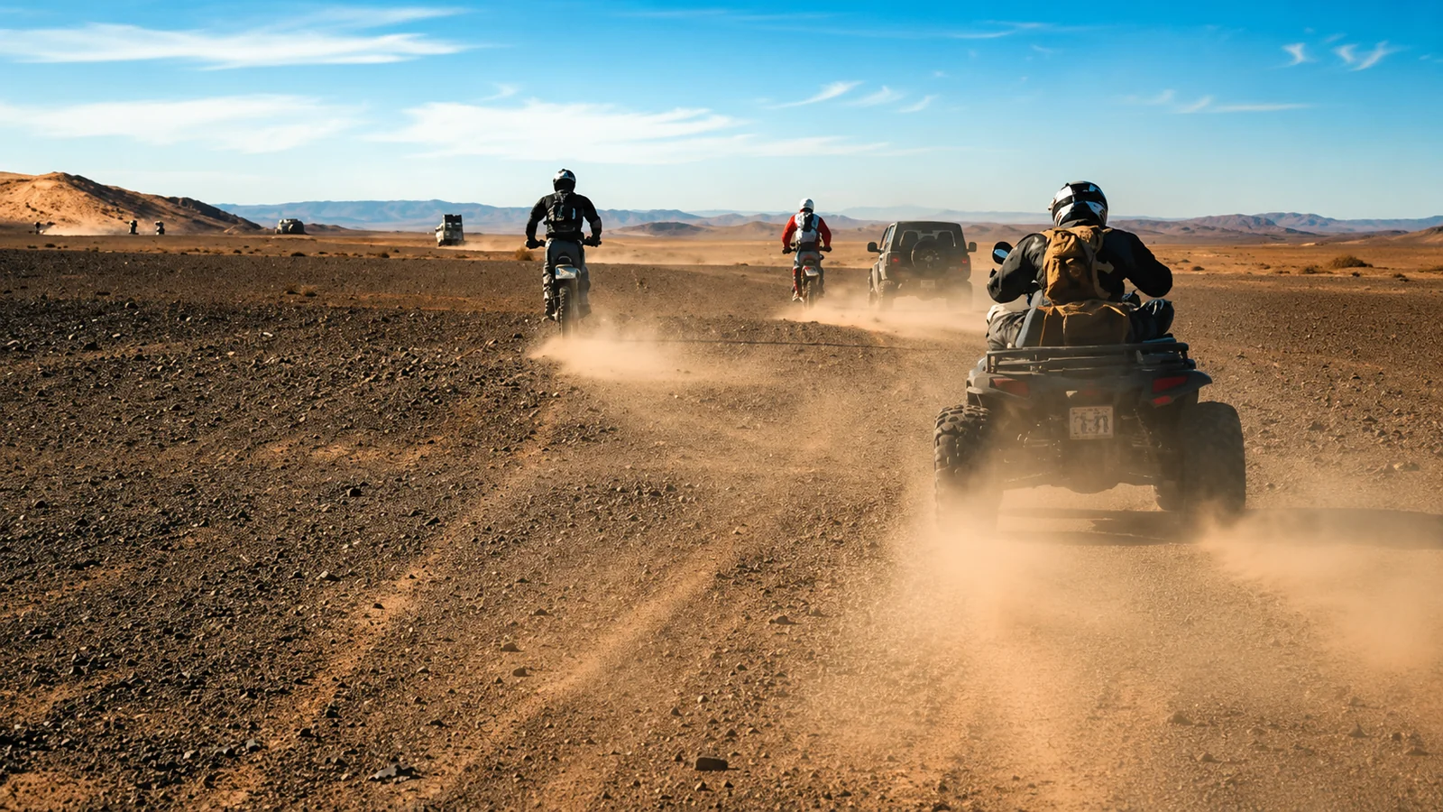 Convoi de quads traversant les dunes pendant l'excursion Lac Rose