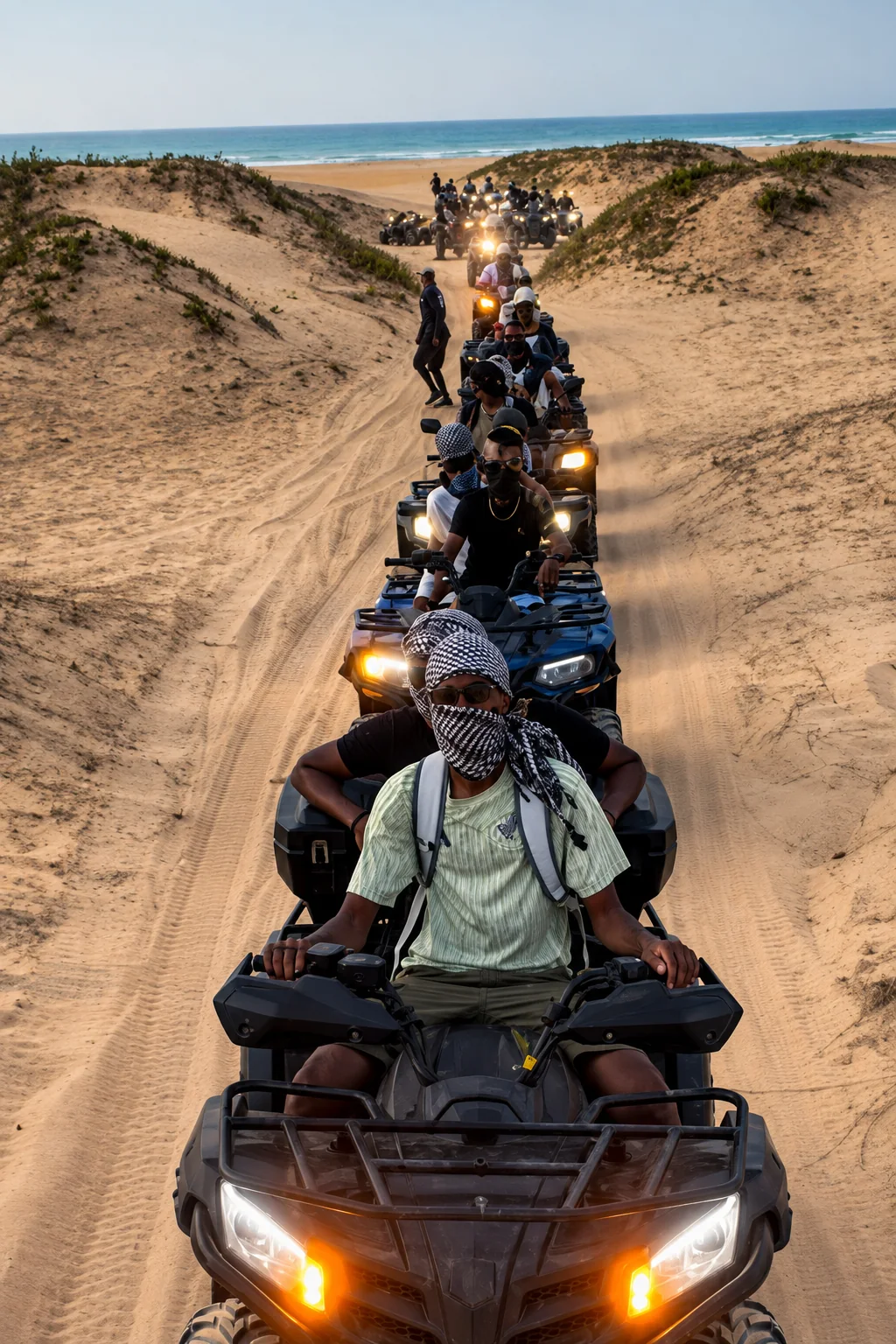 Quad en mouvement sur les pistes sablonneuses du Lac Rose