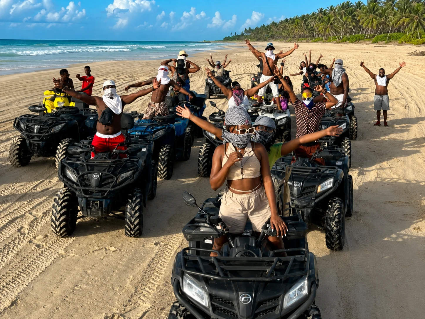 Group of travellers gathered with their quad bikes at Lake Retba