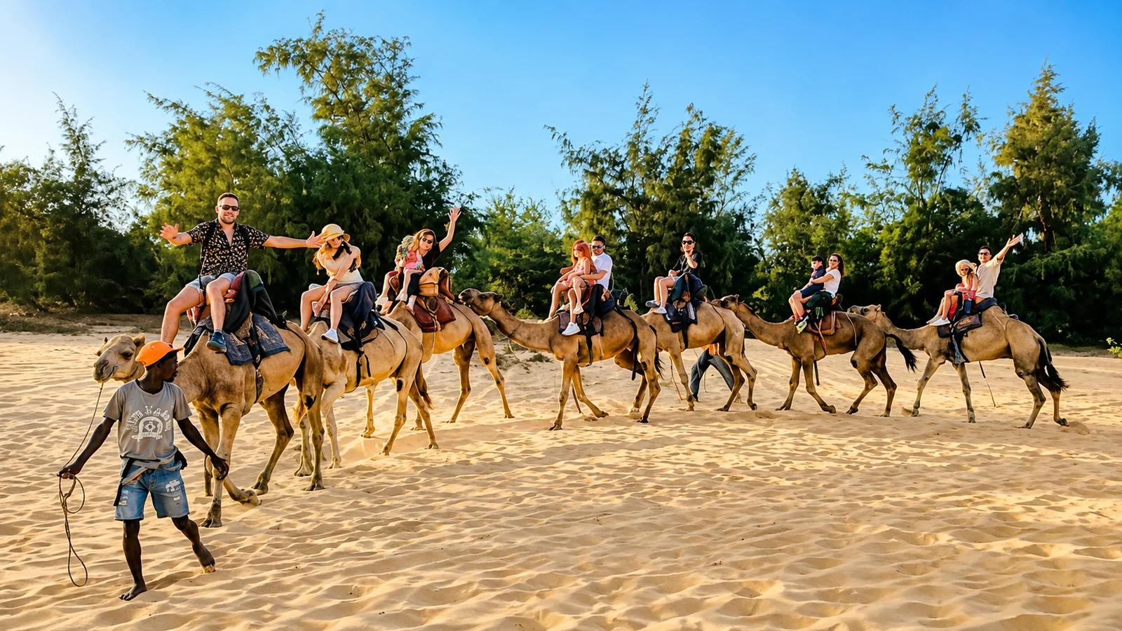 Camel caravan crossing the dunes around Lake Retba in Senegal