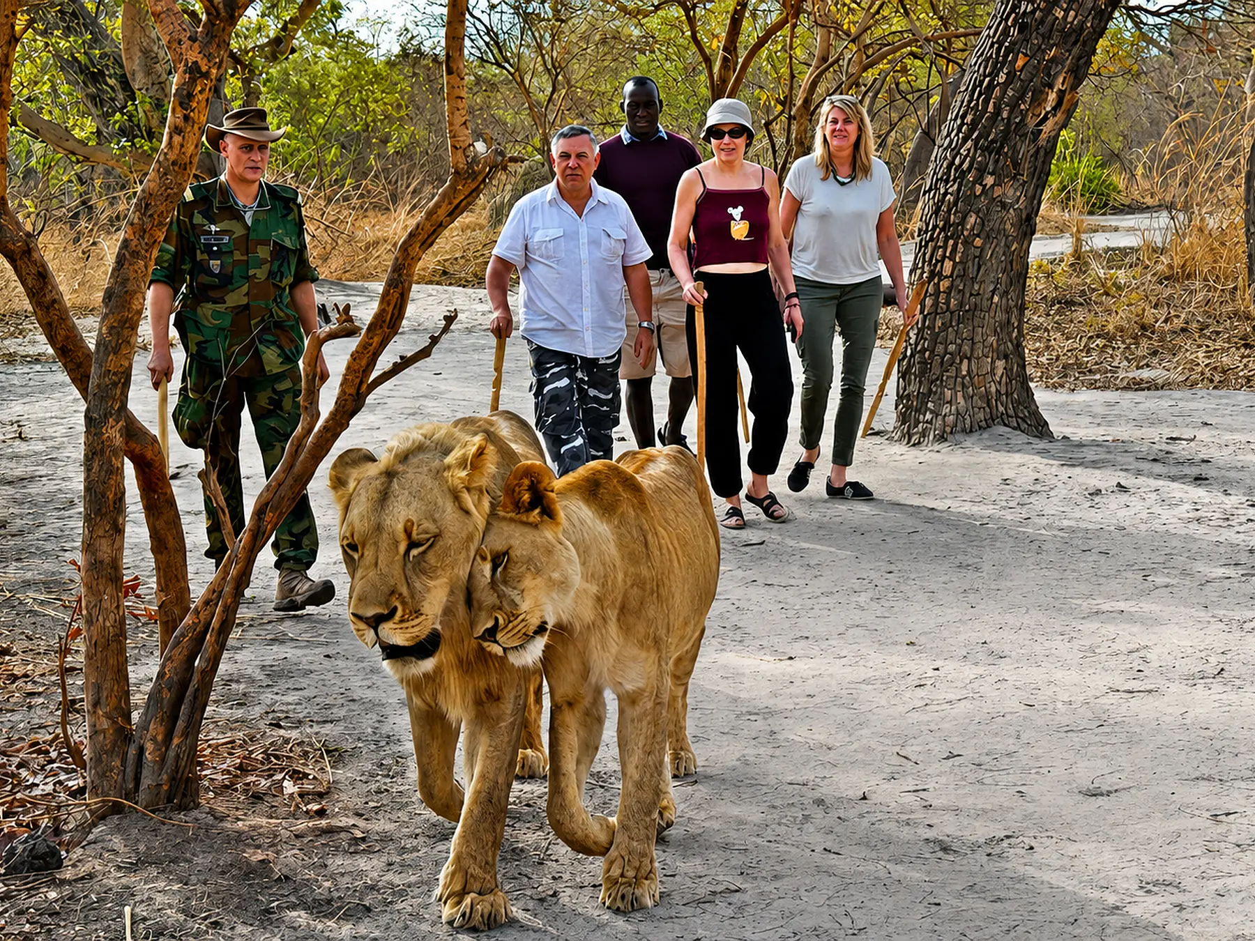 Marche encadrée avec les lions à la Réserve de Fathala