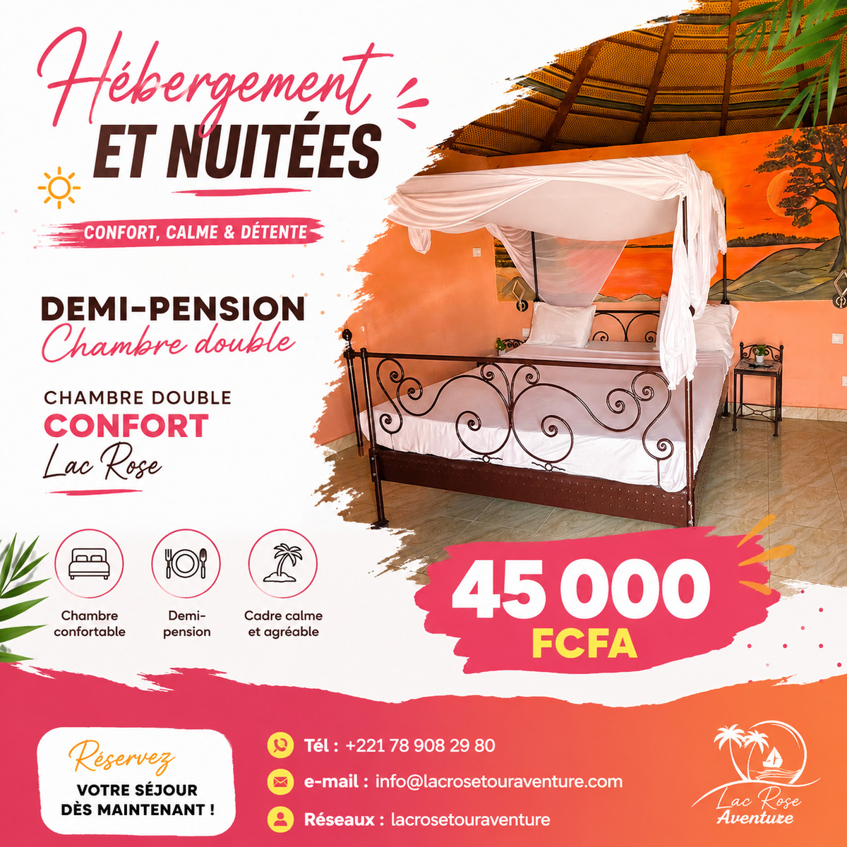 Demi-pension en chambre double au Lac Rose à 45 000 FCFA la nuit