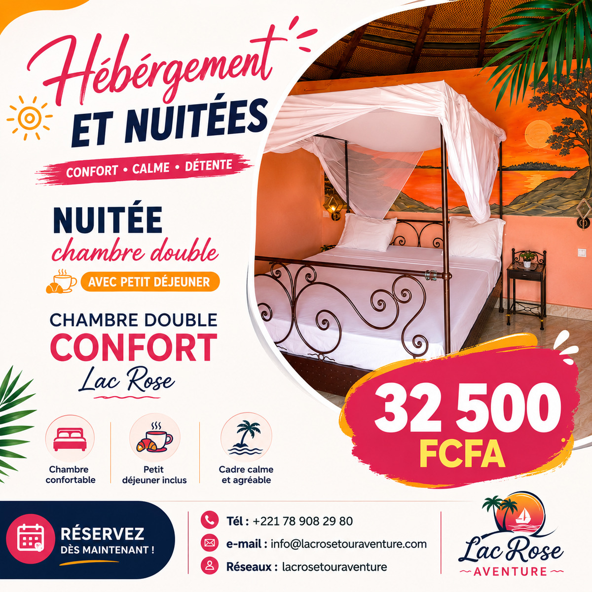 Nuitée en chambre double avec petit déjeuner au Lac Rose à 32 500 FCFA