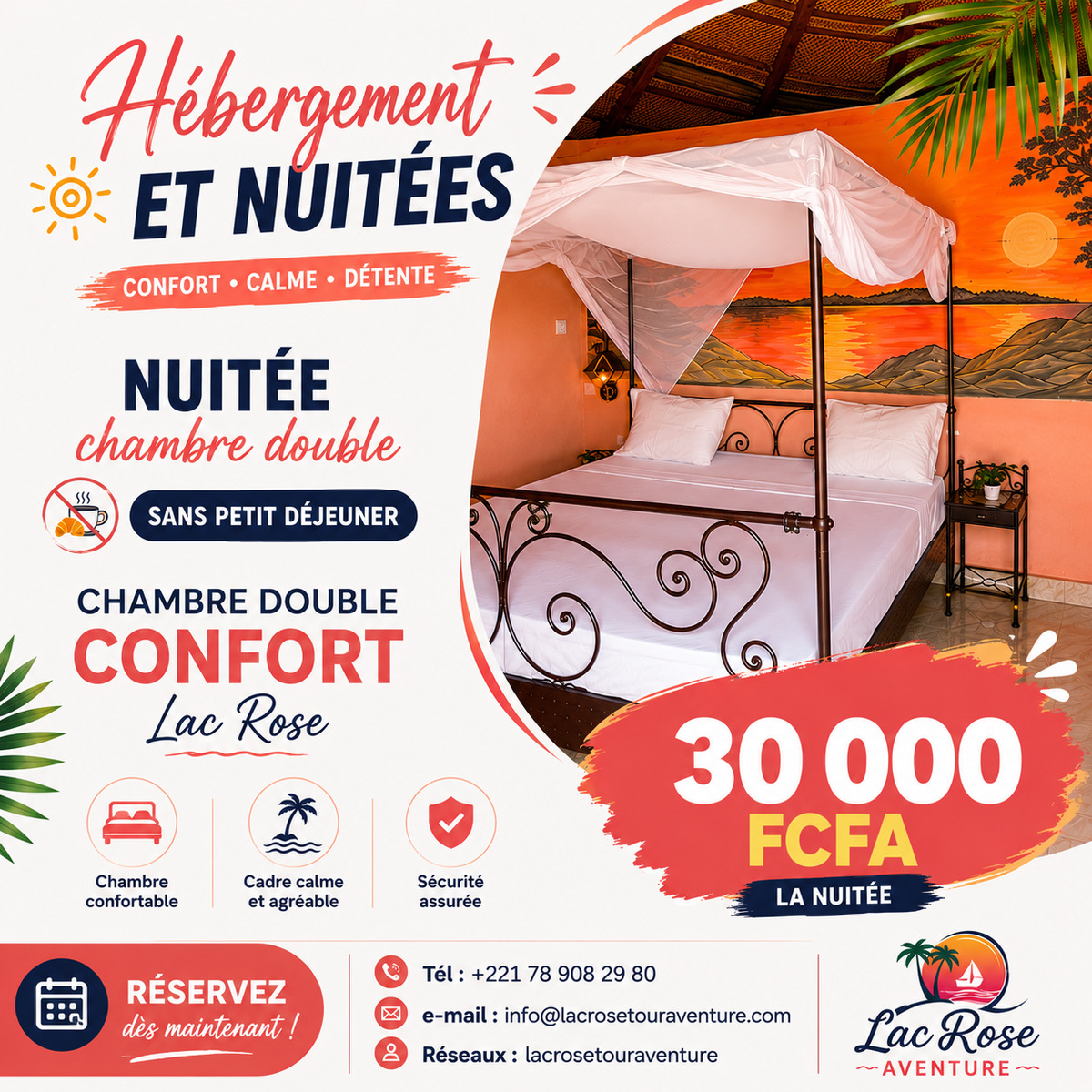 Nuitée en chambre double sans petit déjeuner au Lac Rose à 30 000 FCFA