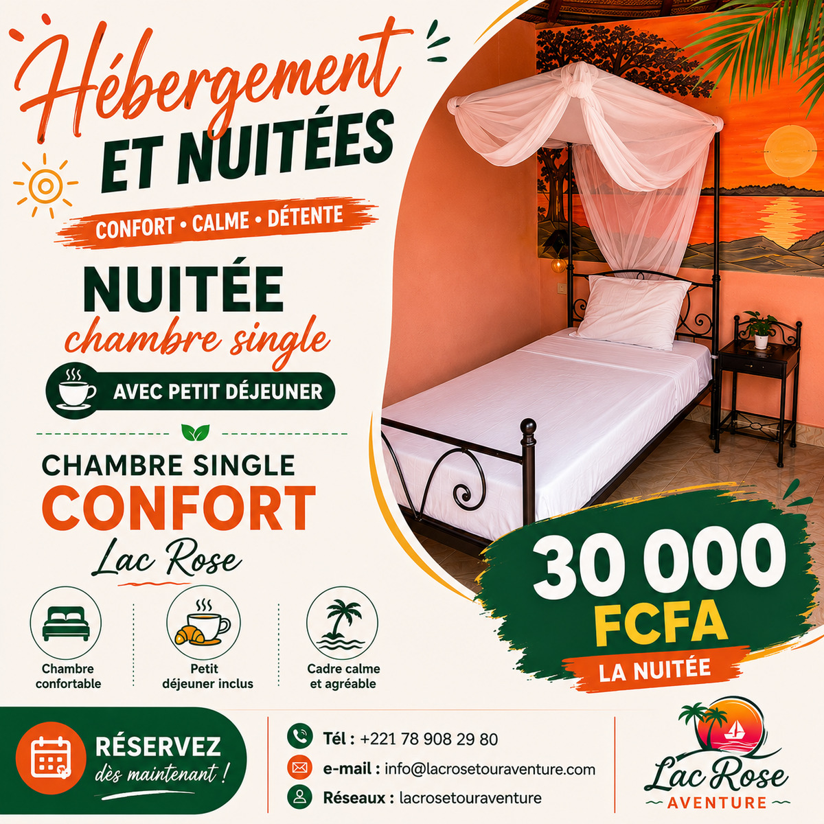 Nuitée en chambre single avec petit déjeuner au Lac Rose à 30 000 FCFA