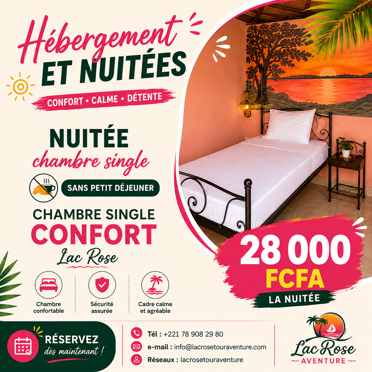 Nuitée en chambre single sans petit déjeuner au Lac Rose à 28 000 FCFA