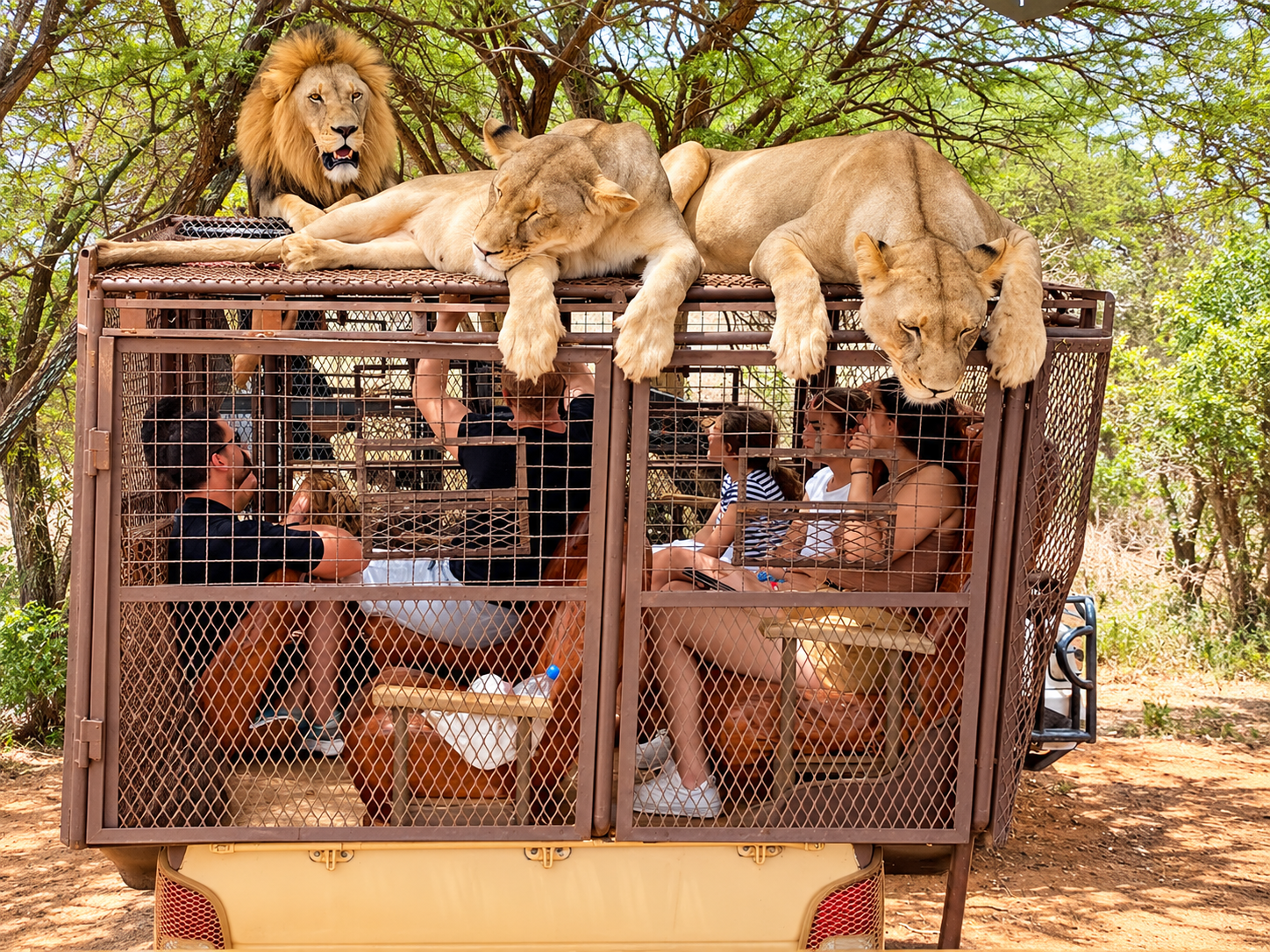 Cartel de la experiencia guiada con leones en Bandia desde Dakar por 40 000 FCFA por persona