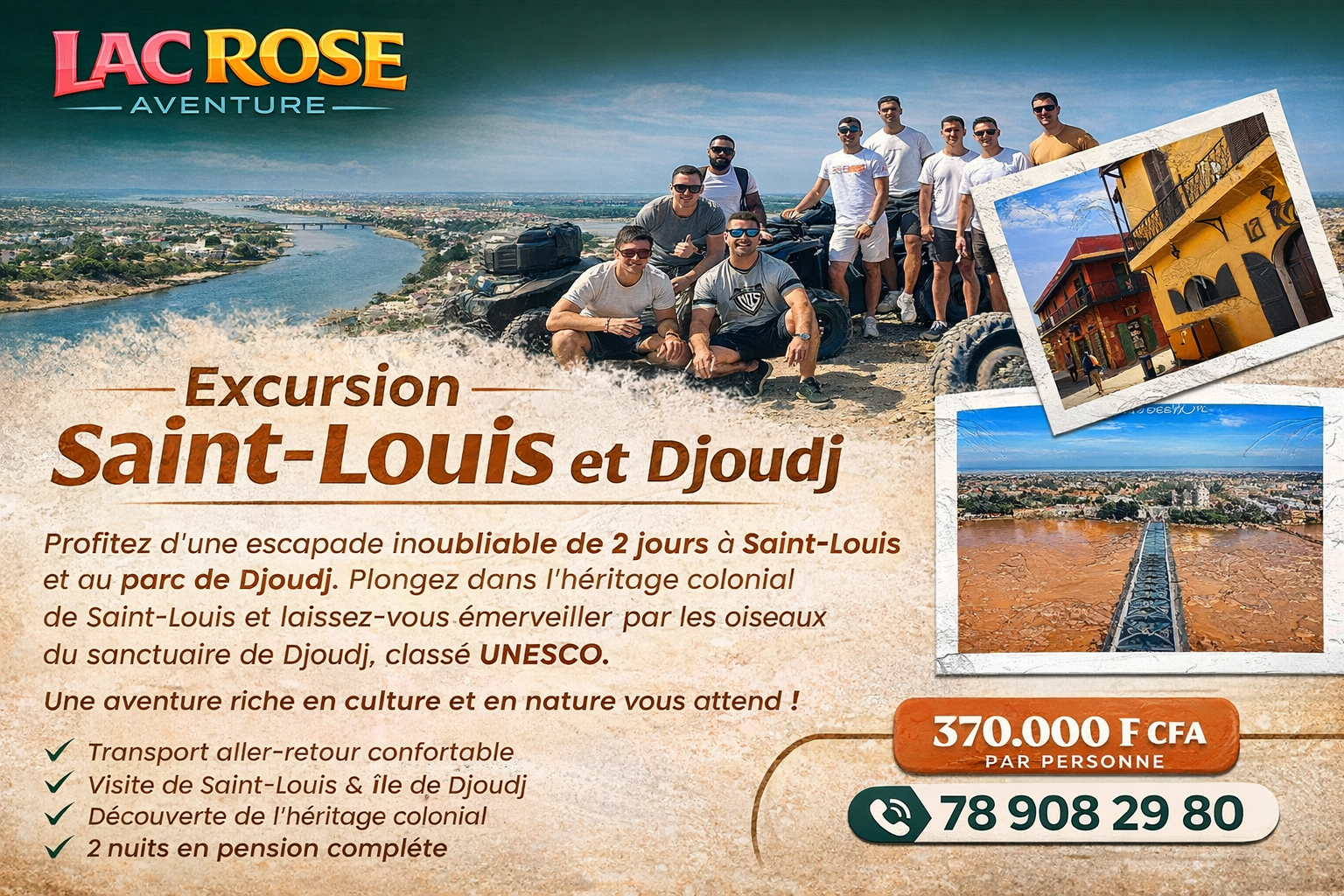 Lac Rose Aventure promotional poster for a 48-hour excursion to Saint-Louis and Djoudj in Senegal including round-trip transport, Saint-Louis visit, colonial heritage discovery, 2