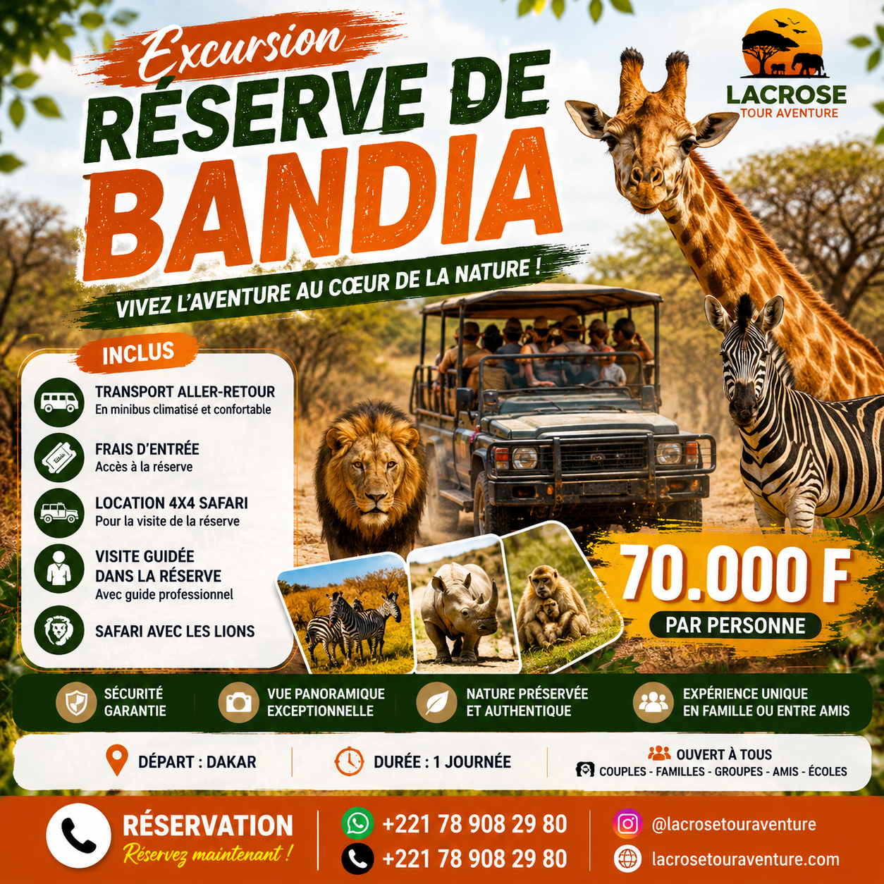 Safari guidé en 4x4 dans la Réserve de Bandia au milieu des girafes, zèbres, lions et paysages de savane