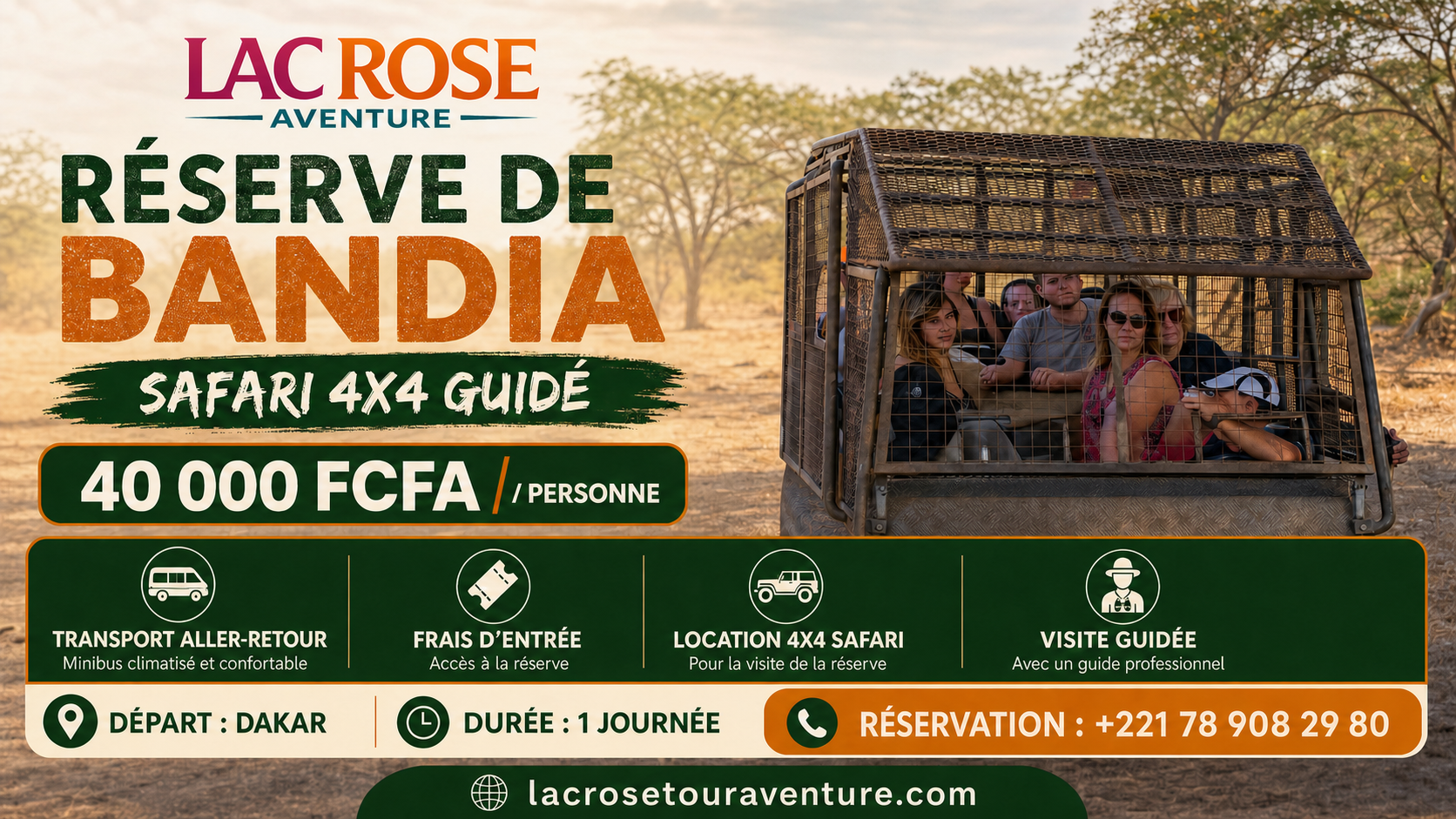 Affiche du safari 4x4 guidé à la Réserve de Bandia depuis Dakar au tarif de 40 000 FCFA par personne