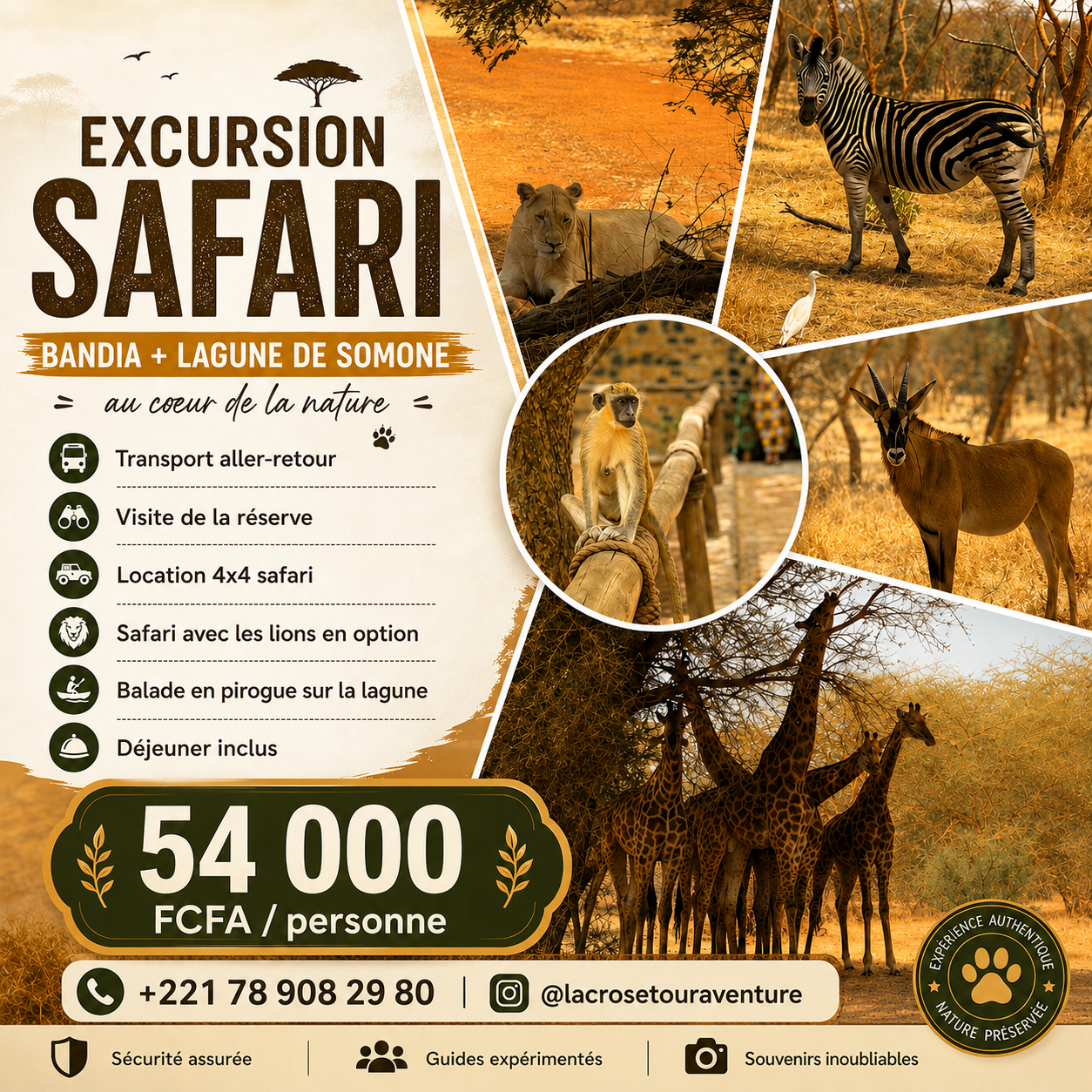 Affiche de l’excursion safari Réserve de Bandia et Lagune de Somone avec 4x4, pirogue et déjeuner au Sénégal
