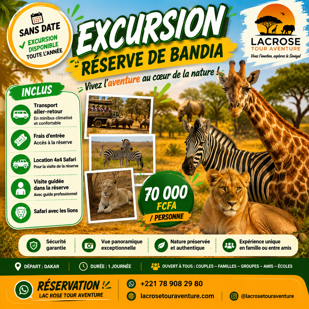 Affiche de l’excursion à la Réserve de Bandia avec safari 4x4, girafes, zèbres, lion et transport depuis Dakar