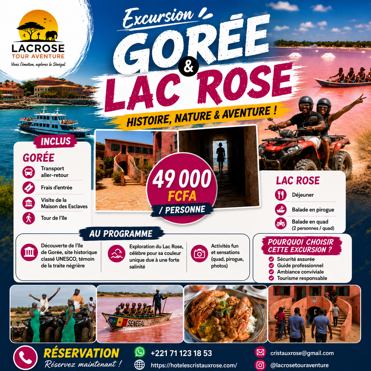 Affiche de l’excursion combinée Île de Gorée et Lac Rose avec visite historique, pirogue, quad et déjeuner au Sénégal