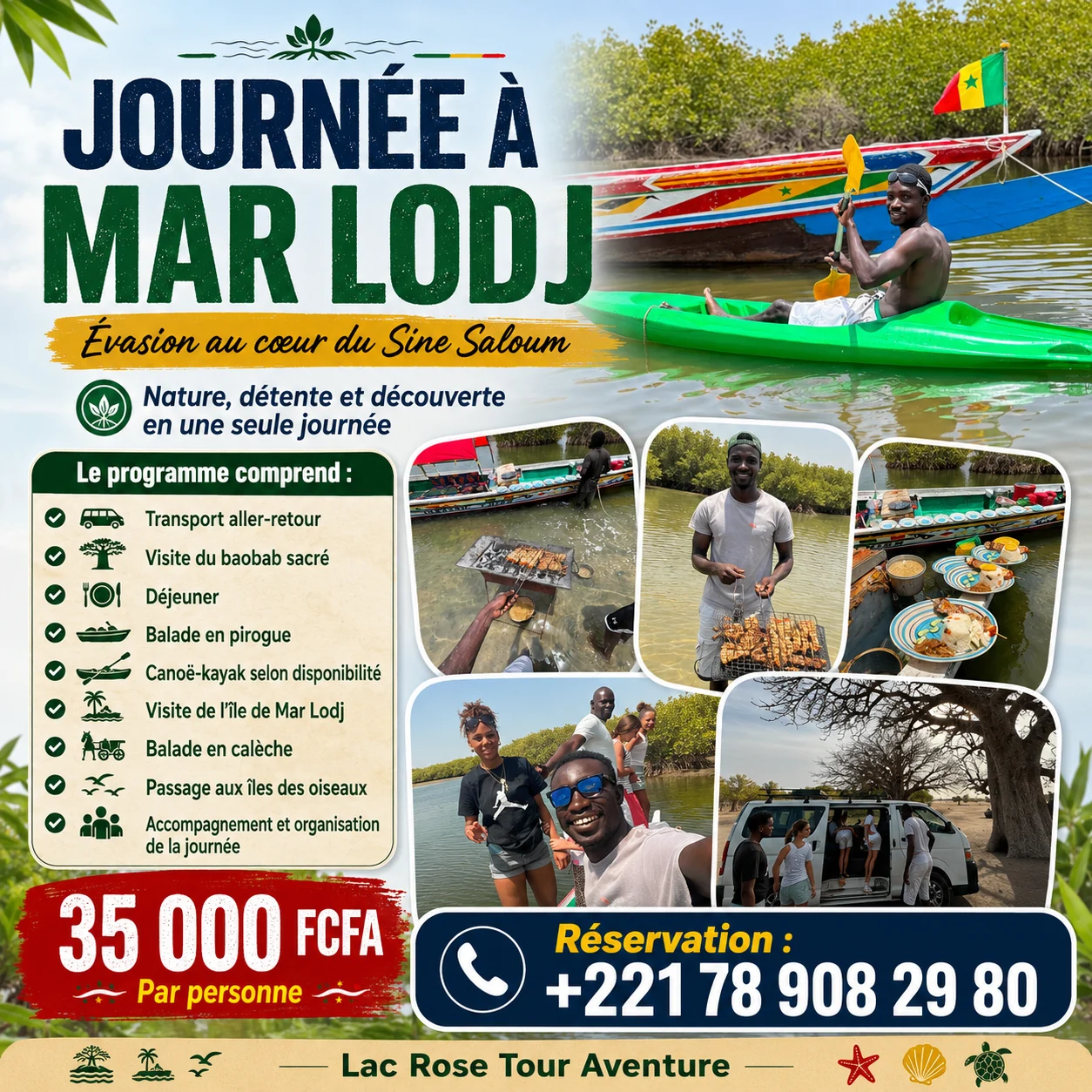 Affiche de l’excursion à Mar Lodj avec pirogue, kayak, déjeuner et découverte du Sine Saloum