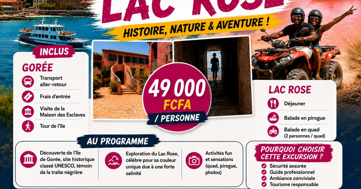 Affiche de l’excursion combinée Île de Gorée et Lac Rose avec visite historique, pirogue, quad et déjeuner au Sénégal