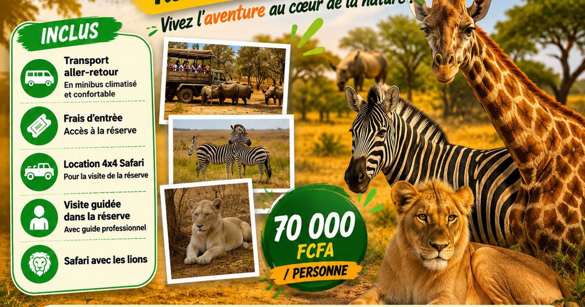 Affiche de l’excursion à la Réserve de Bandia avec safari 4x4, girafes, zèbres, lion et transport depuis Dakar