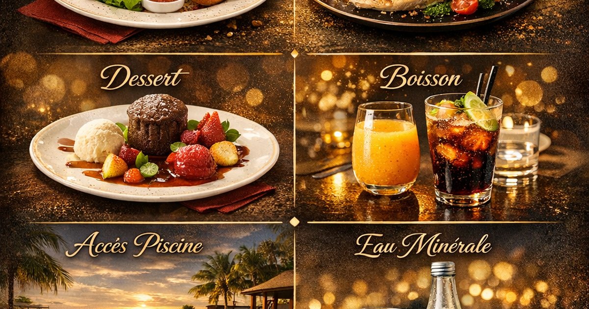 Menu complet avec entrée, plat, dessert, boisson, accès piscine et eau minérale