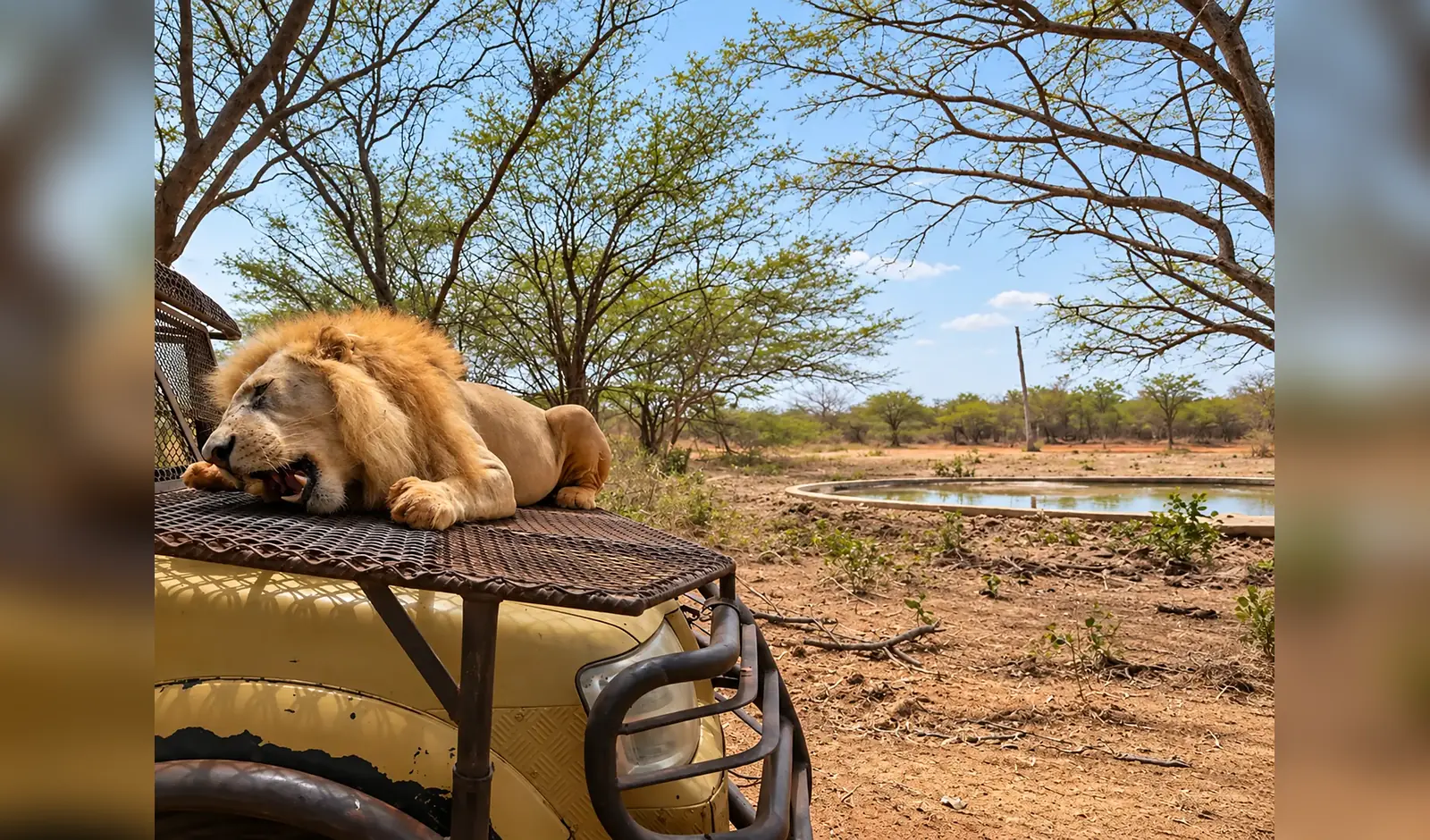 Lions observés depuis un véhicule de safari à Réserve de Bandia, Sénégal