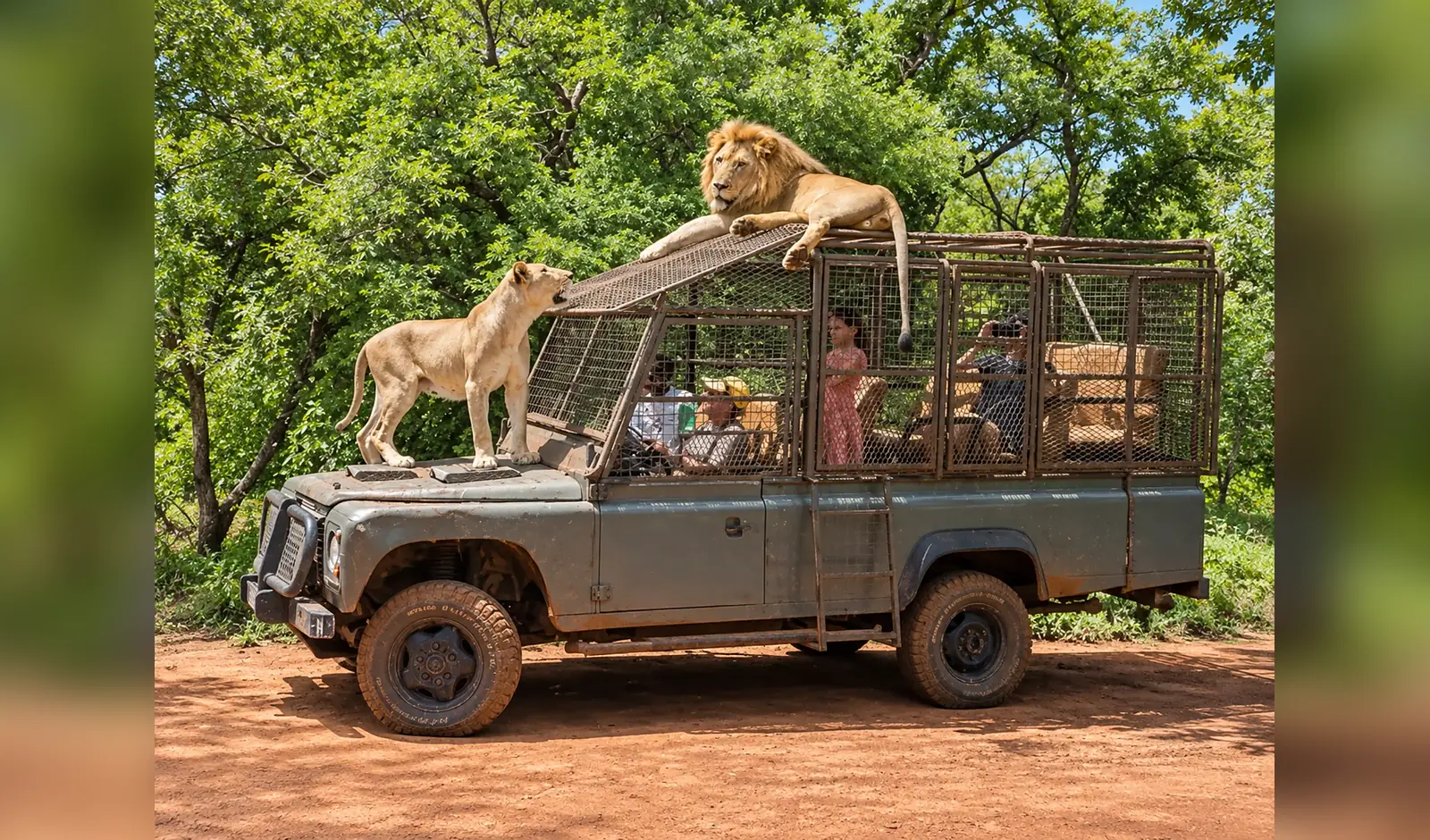 Lions observés depuis un véhicule de safari à Réserve de Bandia, Sénégal