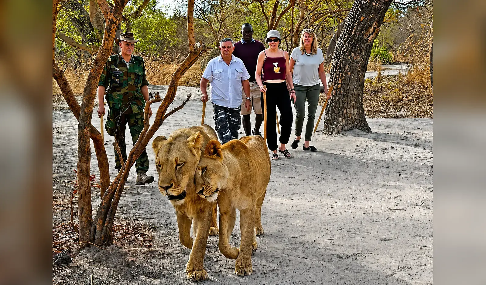 Marche encadrée avec les lions à Réserve de Fathala, Sénégal