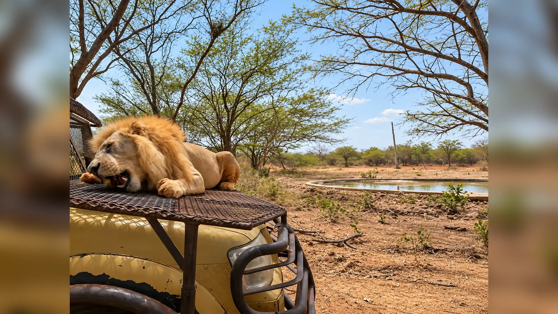 Lions viewed from a safari vehicle in Bandia Wildlife Reserve, Senegal