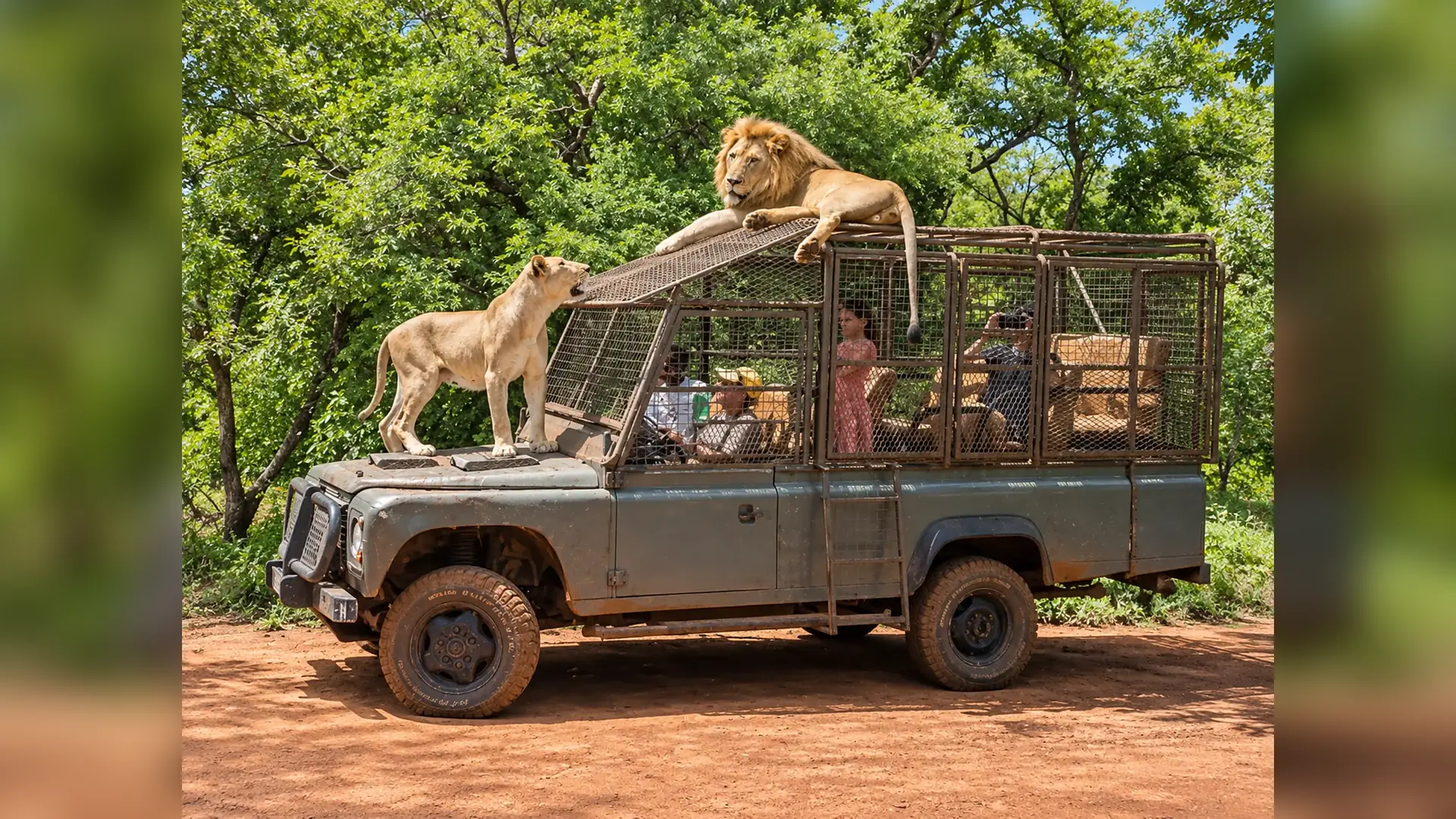 Lions viewed from a safari vehicle in Bandia Wildlife Reserve, Senegal